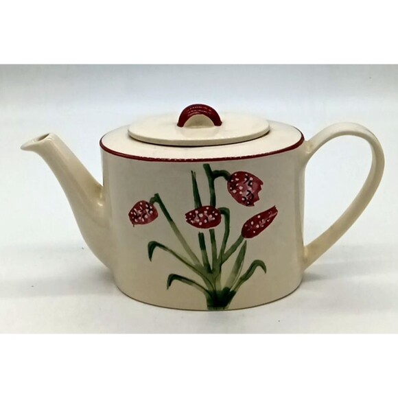Vintage Past Times Hand Painted Pink Tulips Teapot Cottage Core England - Picture 1 of 7